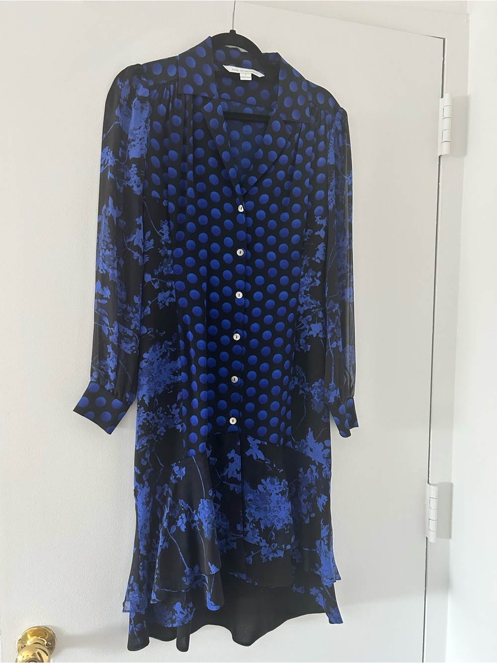 Blue and Black Polka Dot Floral Button-Front Women's Dress
